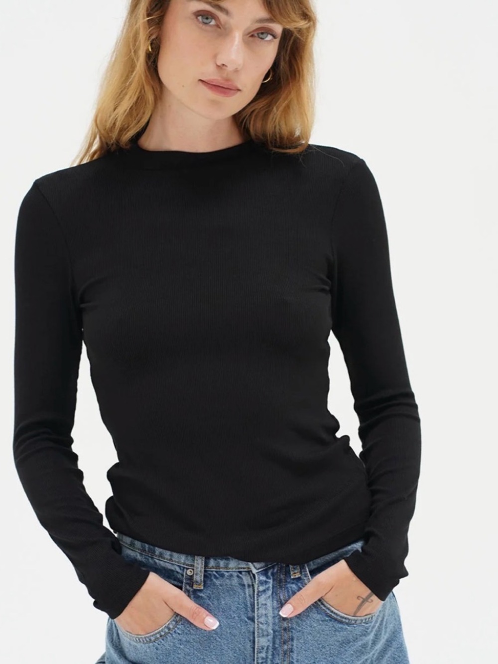 LNA Black dalston Ribbed Long-Sleeve Crewneck Top
